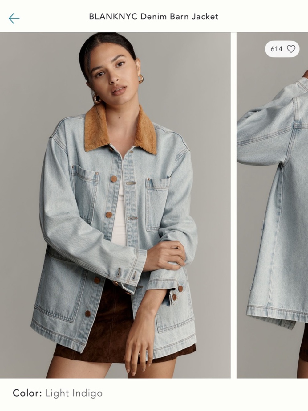 Anthropologie Blank NYC Light Indigo Denim Barn Jacket with Tan Corduroy Collar